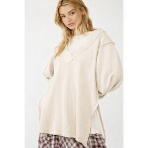 We The Free FP Asher Cream Thermal Oversized V Neck Tunic Top Raw Edge Sz M Boho